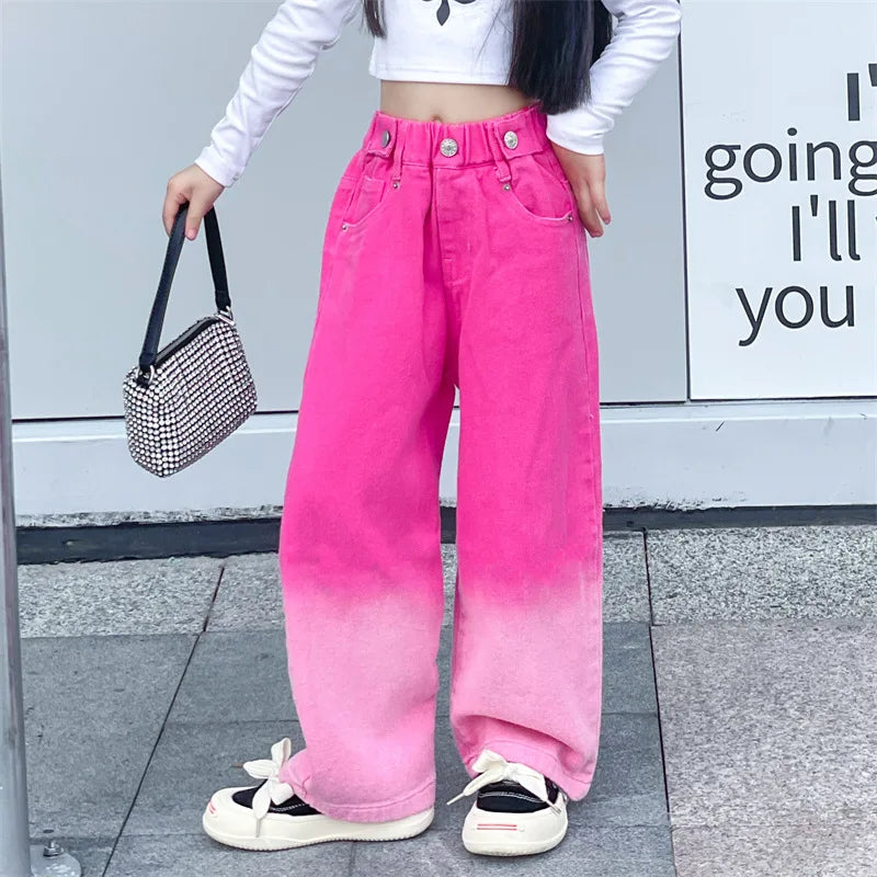 Jeans for Girls Candy Color Fashion Gradient Wide Leg Pants Children's Clothes Spring Autumn Teenager Cotton Streetwear Trousers