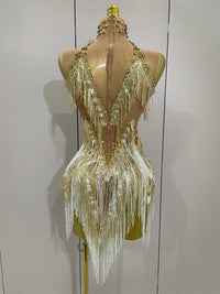 Stock 2025 Women Sexy Stretch Mesh Sparkly Rhinestone Tassels Mini Dress Nightclub Singer Dance Stage Costume Evening Gowns