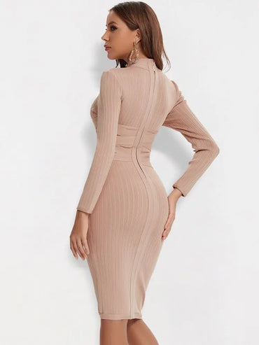 BEAUKEY Vintage Strips High Neck Long Sleeves Bandage Dress Women Party XL Khaki Cross Tight Dress Bodycon Office Lady Vestidos