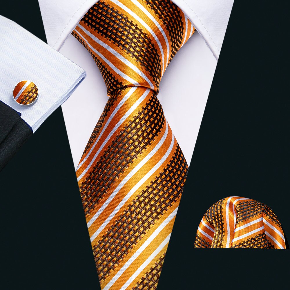 Retro Orange Floral Men Tie Set Silk Jacquard Necktie Wedding Business Handkerchief Cufflinks Tie Barry.Wang Designer FA-5346