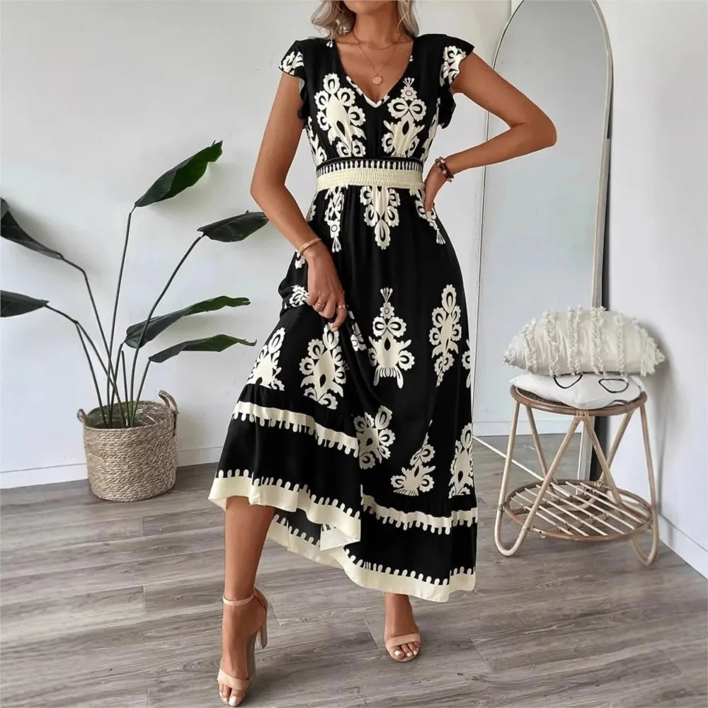Women's Holiday Wind Beach Print Dress Summer Fashion High Waist Slim Body Casual V Neck Swing Elegant Ladies Office Long Dress