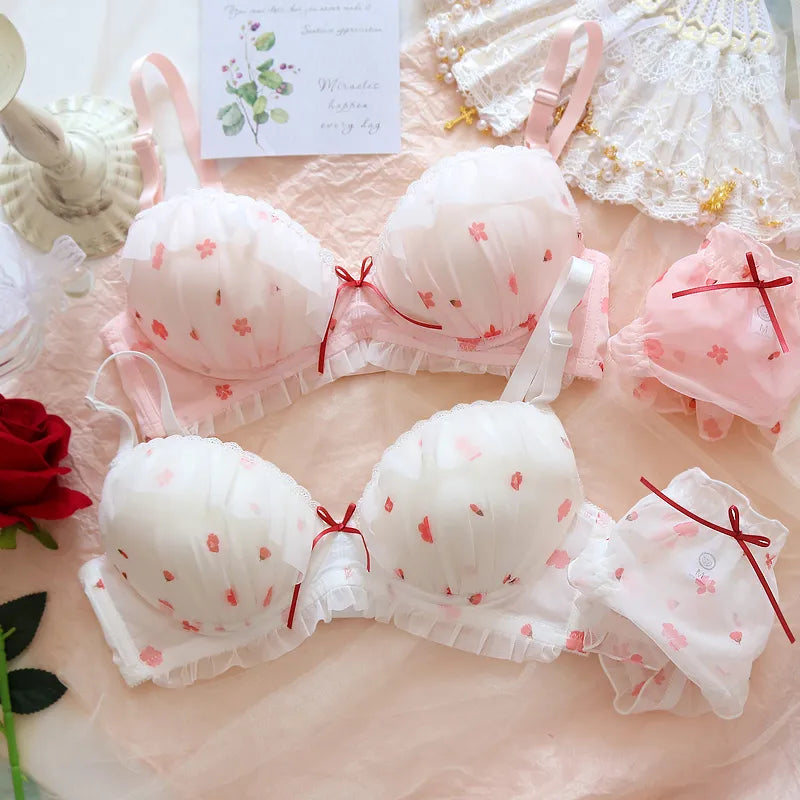 Japanese Kawaii Girl Bras Set Sweet Pink White Strawberry Cute Lace Underwear Bra and Panty Plus Size 70 75 80 85 90 A B C D Cup