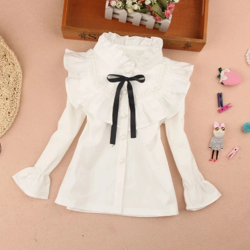 Spring Fall Cotton Ruffles Blouses for Children Teenage School Girls Bow Pure White Shirts Toddler Long Sleeve Tops Baby Clothes