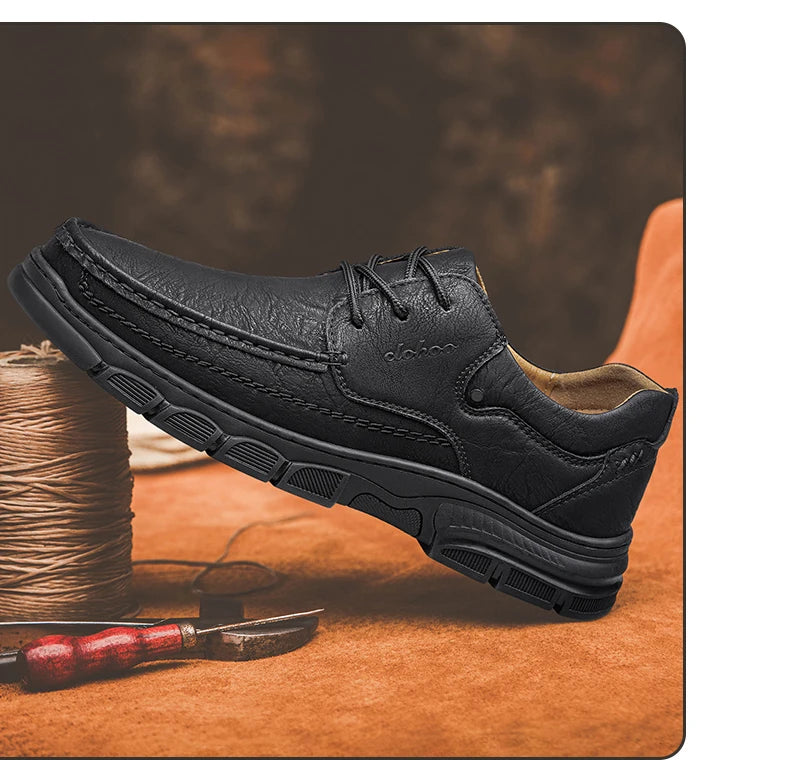 CLOHOO Men's Handmade Thick Rubber Bottom Breathable Casual Leather Shoes Classic Sewn Loafers Comfortable Leisure Footwear
