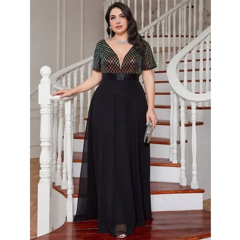 Plus Size V Neck Rhombus Sequin Luxury 4XL5XL Chiffon Dress Party Prom Black 3/4 Sleeve Over Maxi Dress for Party Wedding