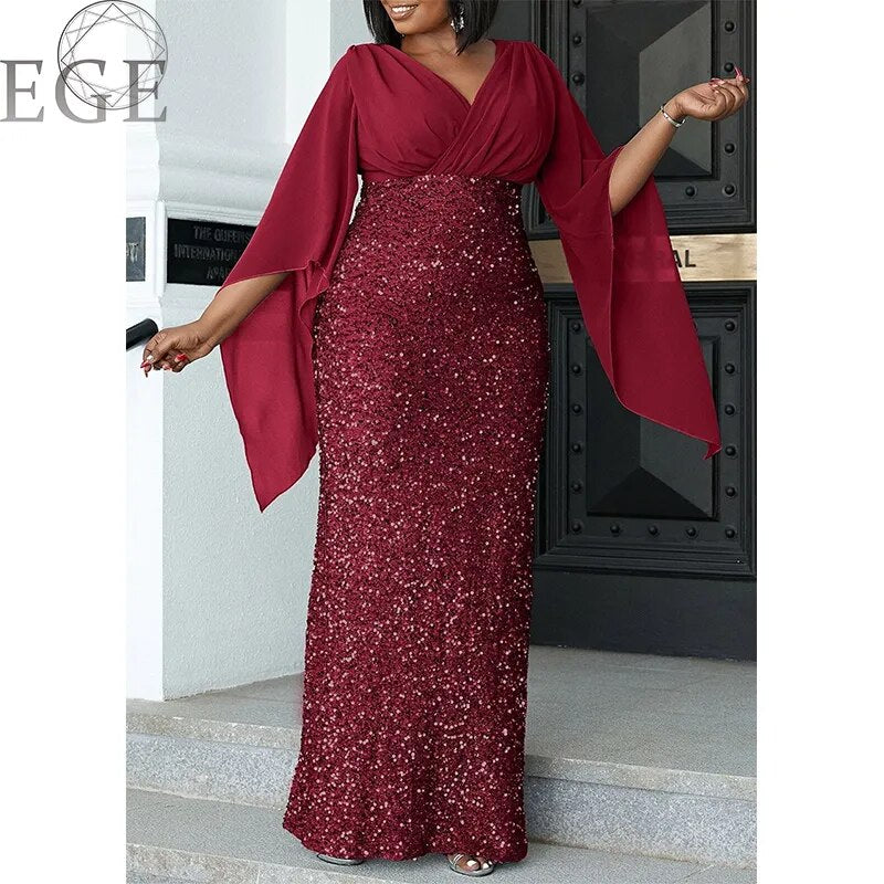 2023 Plus Size Luxury Dress Shiny Chiffon Loose Sherfang Plus Size Elegant Banquet Midi V Neck Dress