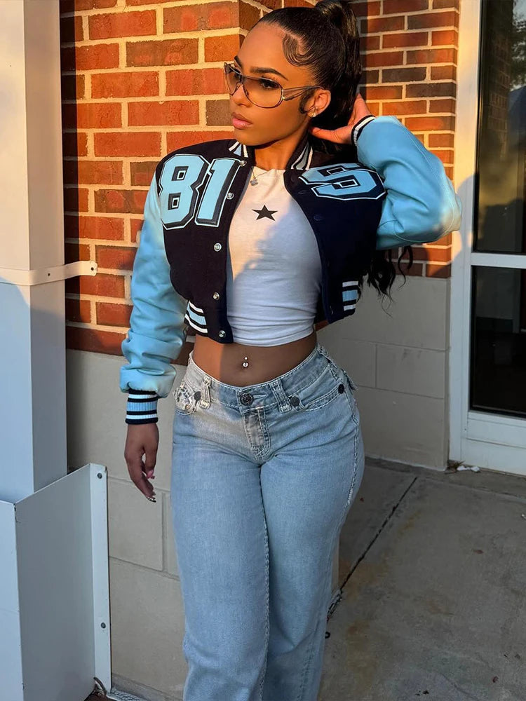 Sisterlinda Hipster Uniform Jacket Women Patchwork Faux Leather Sleeve Fall Trend Street Letter Print Streetwear Basic Crop Coat