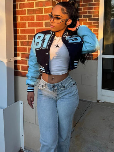 Sisterlinda Hipster Uniform Jacket Women Patchwork Faux Leather Sleeve Fall Trend Street Letter Print Streetwear Basic Crop Coat