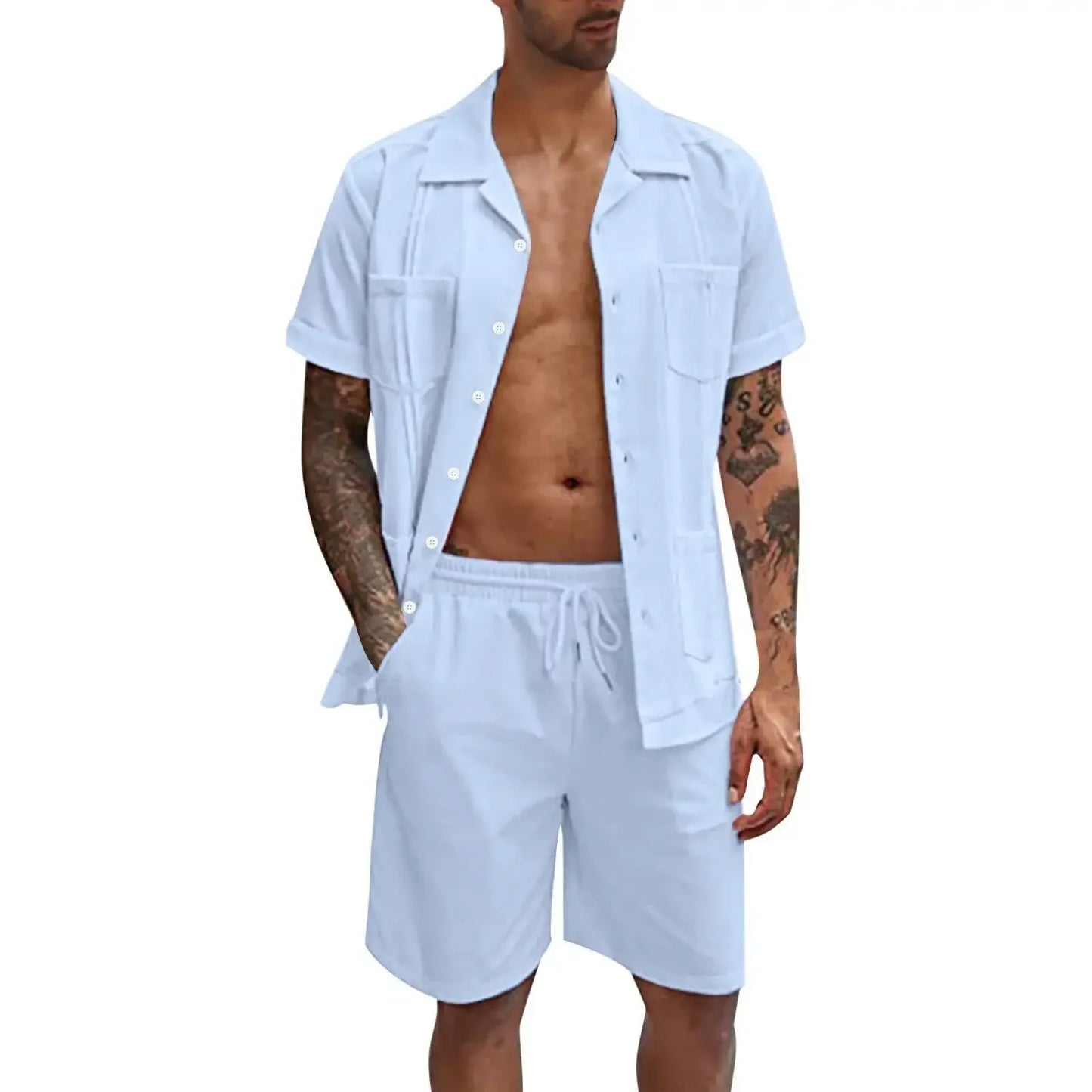 New Men's Summer Casual Sport 2 Piece Sets Fashion Cotton Linen Short Sleeve Shirt and Shorts Suit Men Loose Sport Shirt Outfits