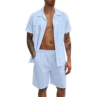 New Men's Summer Casual Sport 2 Piece Sets Fashion Cotton Linen Short Sleeve Shirt and Shorts Suit Men Loose Sport Shirt Outfits