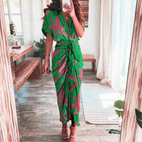 Elegant Women Dresses 2023 Summer Fashion Printed Short Sleeve Shirt Dress Vintage Waist Tie-up Button Bandage Long Dress Robe