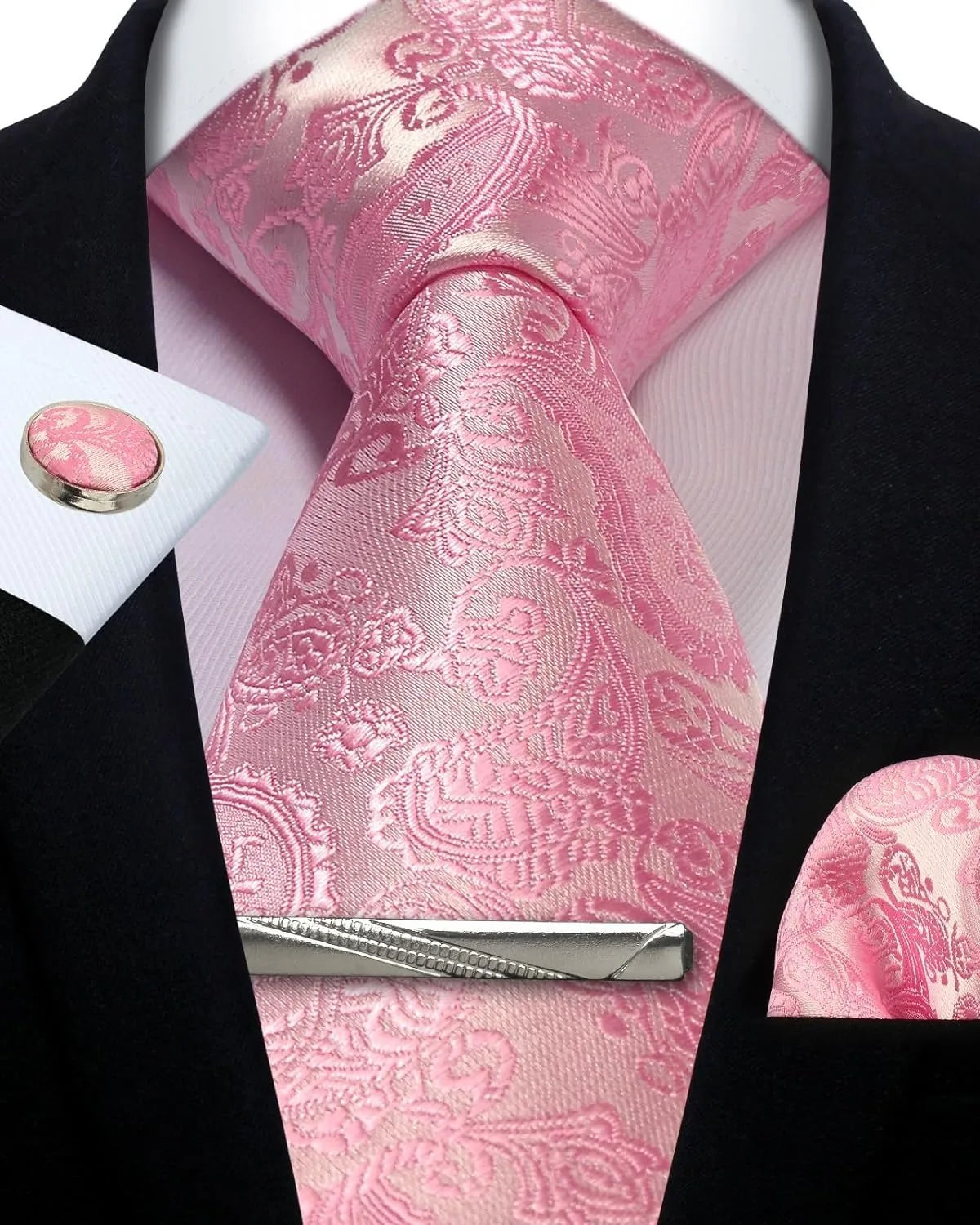 Mens Tie Set Silk Silver Paisley Floral Necktie and Pocket Square Cufflinks Tie Clip Classic Formal Ties for Men Wedding Party