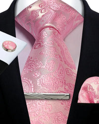 Mens Tie Set Silk Silver Paisley Floral Necktie and Pocket Square Cufflinks Tie Clip Classic Formal Ties for Men Wedding Party