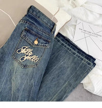 American retro low-waisted jeans female autumn new embroidery old casual fashion temperament slim Joker bell bottoms.