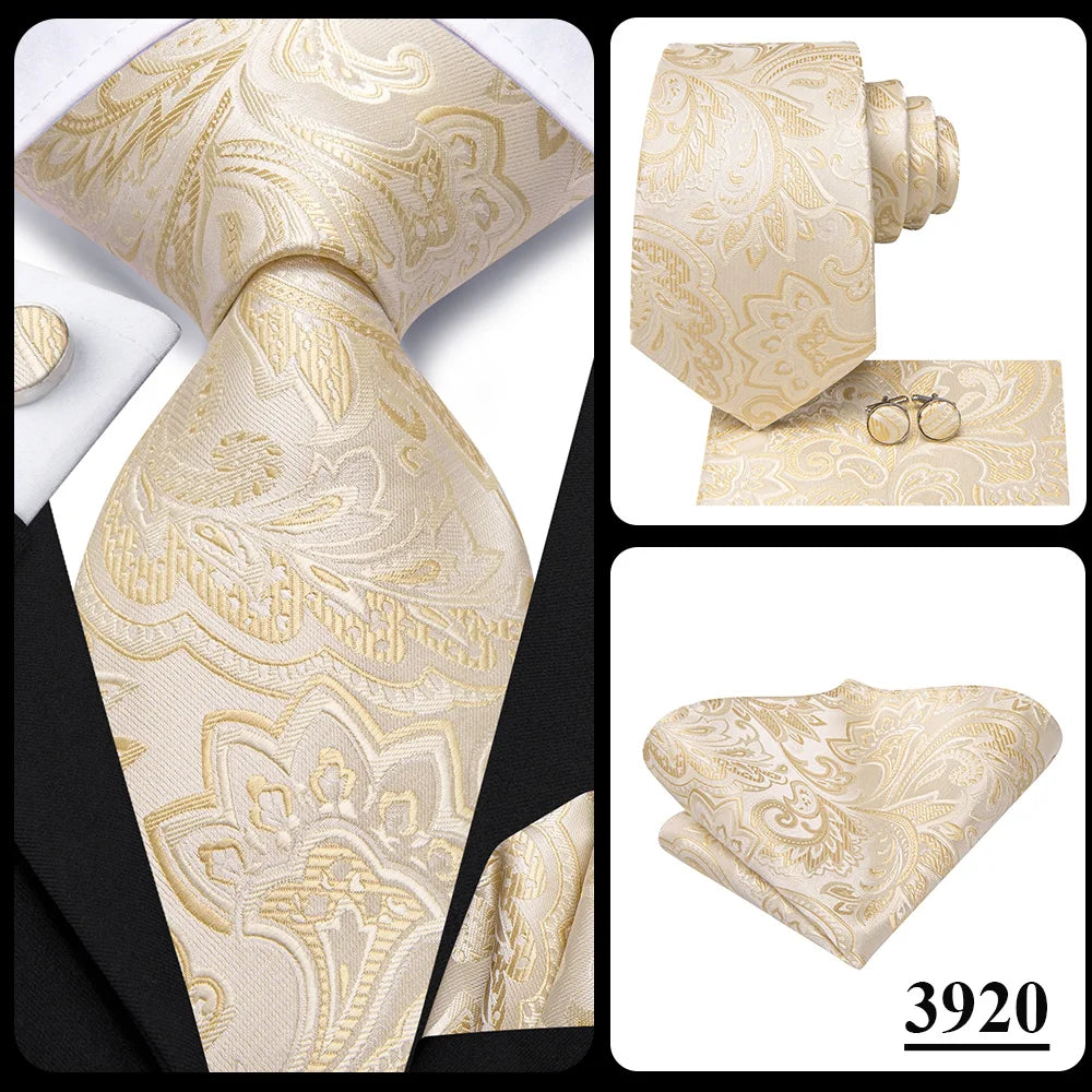 Hi-Tie Champagne Floral Paisley Silk Elegant Tie For Men Groom Wedding Men Necktie Pocket Square Cufflink Accessory Wholesale