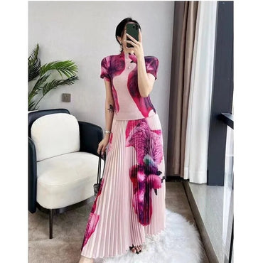 Miyake Pleated Suit Women's 2023 Spring Summer New Fashion Printing All-match Large Free Size Slim Top&Skirt 2 Pcs Set