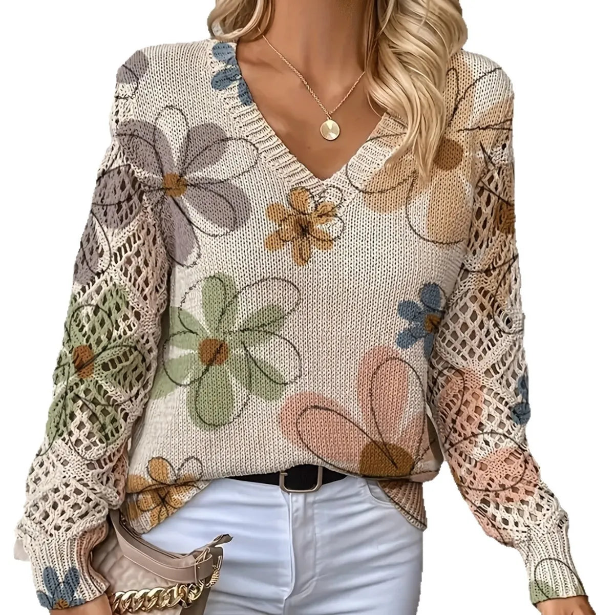 Elegant Bohemian Floral V-neck Long Sleeved Top Fashionable V-neck Pullover Hollow Printed Sweater Pullover 2025 Casual Knitwear