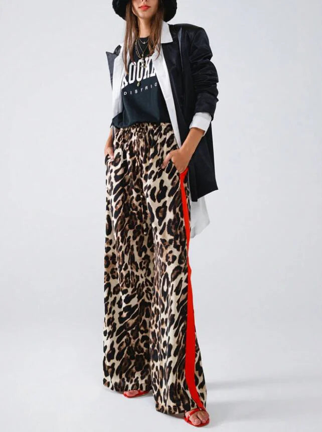 New women's fashion leopard print casual straight leg wide leg pants