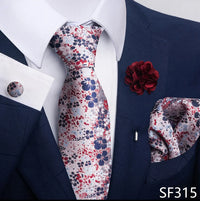 Hot Sale Luxury 8 cm Blue Floral Ties Pocket Square Cufflinks Brooch Set For Man Suit Accessories Holiday Gift Fit Formal Party