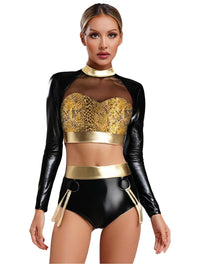 2Pcs Rave Outfits for Womens Shiny Metallic Snakeskin Print Mesh Tank Crop Top with Hot Short Club Pole Dancing Wear Outfits