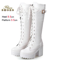 2025 Sexy White Women Knight Boots Coarse Heels Round Toe Knee High Boots Lace Up Multi-belt Buckle High Heeled Boots Size 35-43