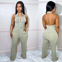 Casaul Women Jumpsuit Knit Ribbbed Backless Halter With Bottom Solid Color Streetwear Long Romper Women Jumpsuit Overalls