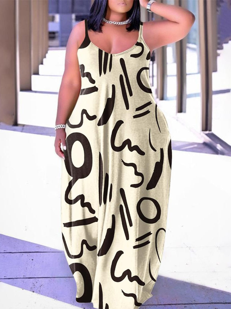 Plus Size Abstract Print Spaghetti Strap Maxi Dress