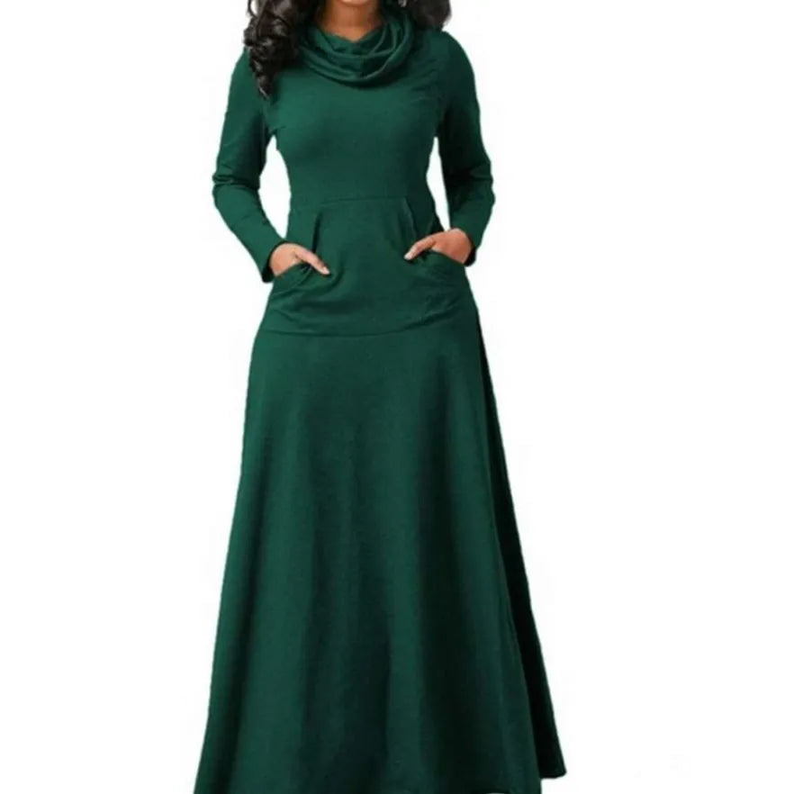 2023 New Elegant Long Maxi Dress Autumn Winter Warm High Collar Women Long-sleeved Dress  Woman Clothing With Pocket