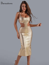 Sexy Hollow Out Women Bandage Dresses Metallic Gold Midi Bodycon Backless Sleeveless Club Dress Birthday Party Elegant Outfits