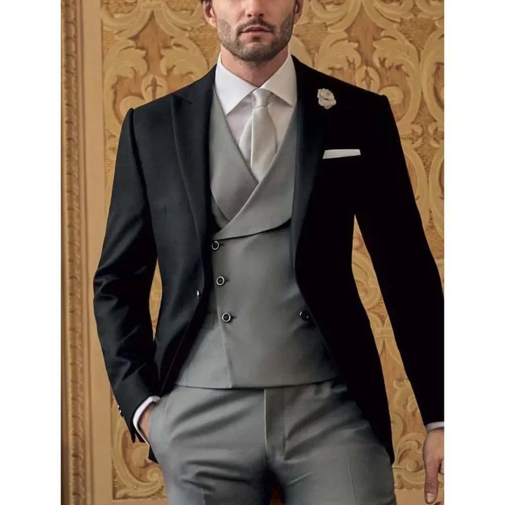 Fashion Peak Lapel Full Men's Suit Formal Business Causal Outfits Elegant Groom Wedding Tuxedo 3 Piece Set (Blazer+Vest+Pants)