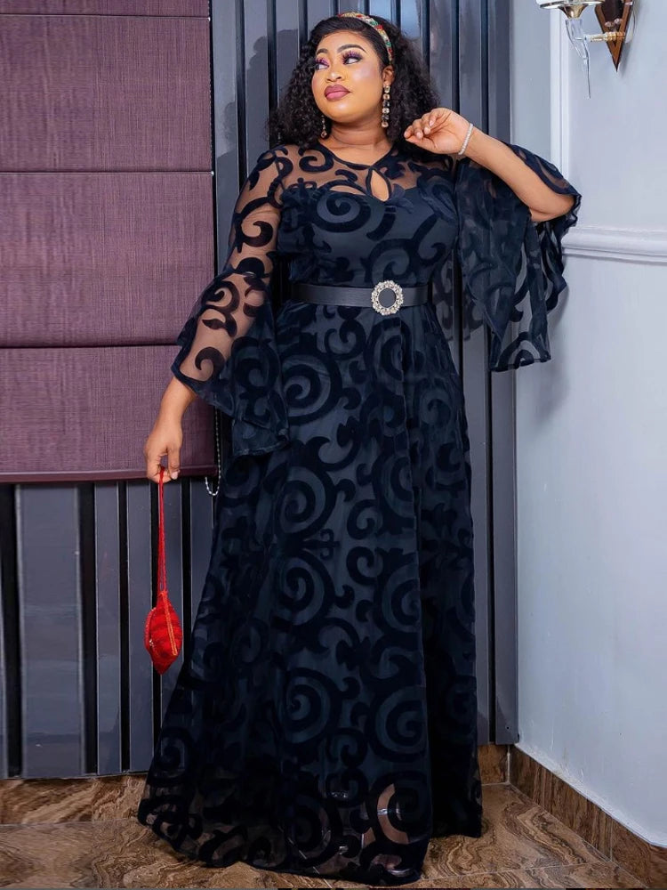 black long sleeve chiffon dress Long Sleeve Chiffon Dresses For Women African Dashiki Print Robe Dubai – Mega Mart Center