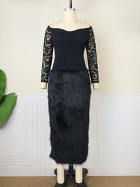 Fall Winter Black Faux Fur Midi Dresses Long Sleeve Sweetheart Neck Off Shoulder Wrap Bodycon Corset Dress Club Party Night Gown