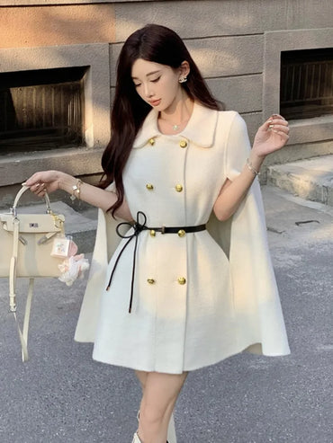 Double-breasted Elegant Woolen Coats For Women Korean Fashion Casual Cloak Overcoat Ladies Loose Jacket Female Outerwears Tops