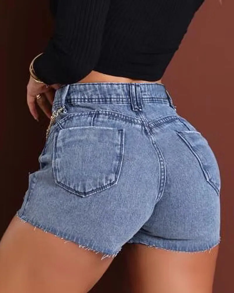 Wepbel Jeans Pants Women Chain Decor Ripped Chain Stitching Ripped Skinny Denim Shorts Summer Short High Waist Denim Shorts