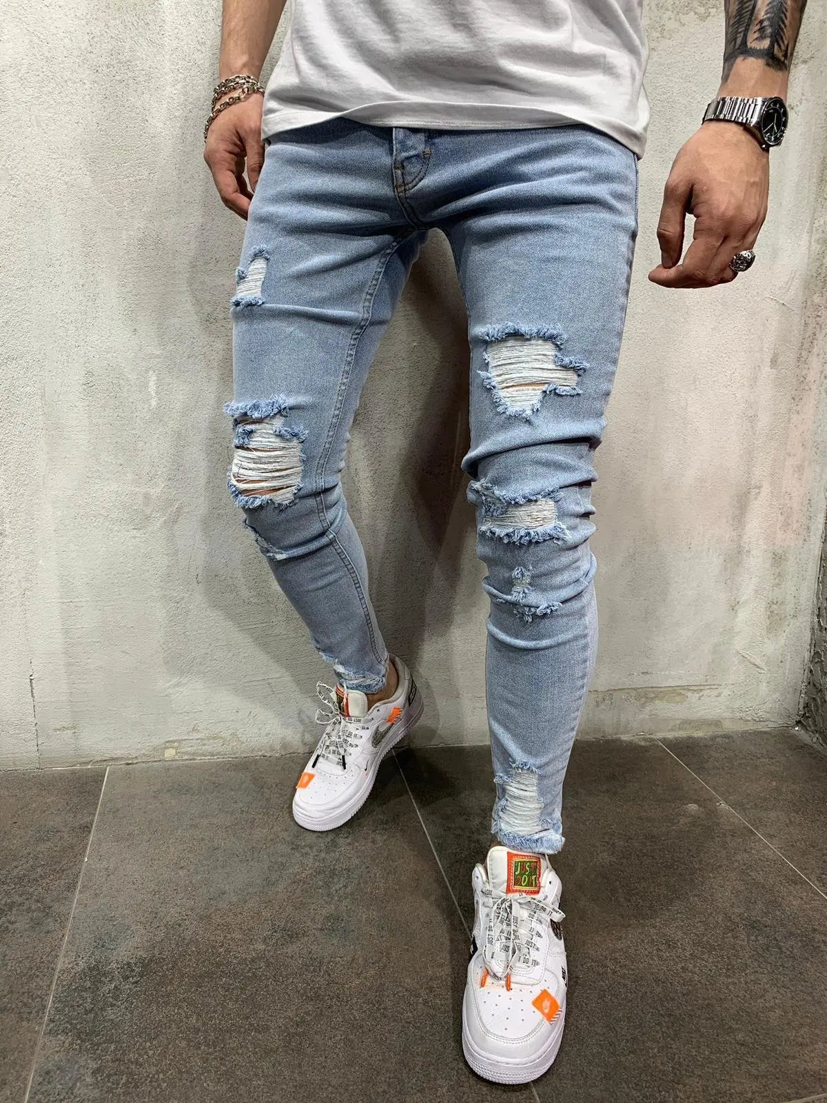 Punk Street Ripped Skinny Jeans Men Vintage Wash Solid Denim Trouser Mens Casual Slim Fit Pencil Denim Holes out Pants 2024