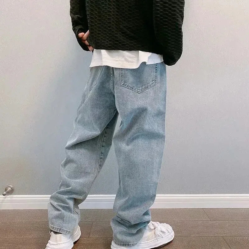 Baggy Jeans Men's Casual Wide Leg Straight Denim Pants Fashion Korean Style Hip Hop Streetwear Solid Color Casual Trousers Blue