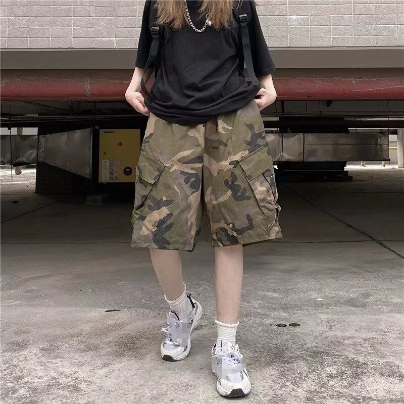 Shorts Men Clothing Loose Street Camouflage Wide-Leg Elastic Waist Casual Versatile Below Cropped Pants Knee Length Summer