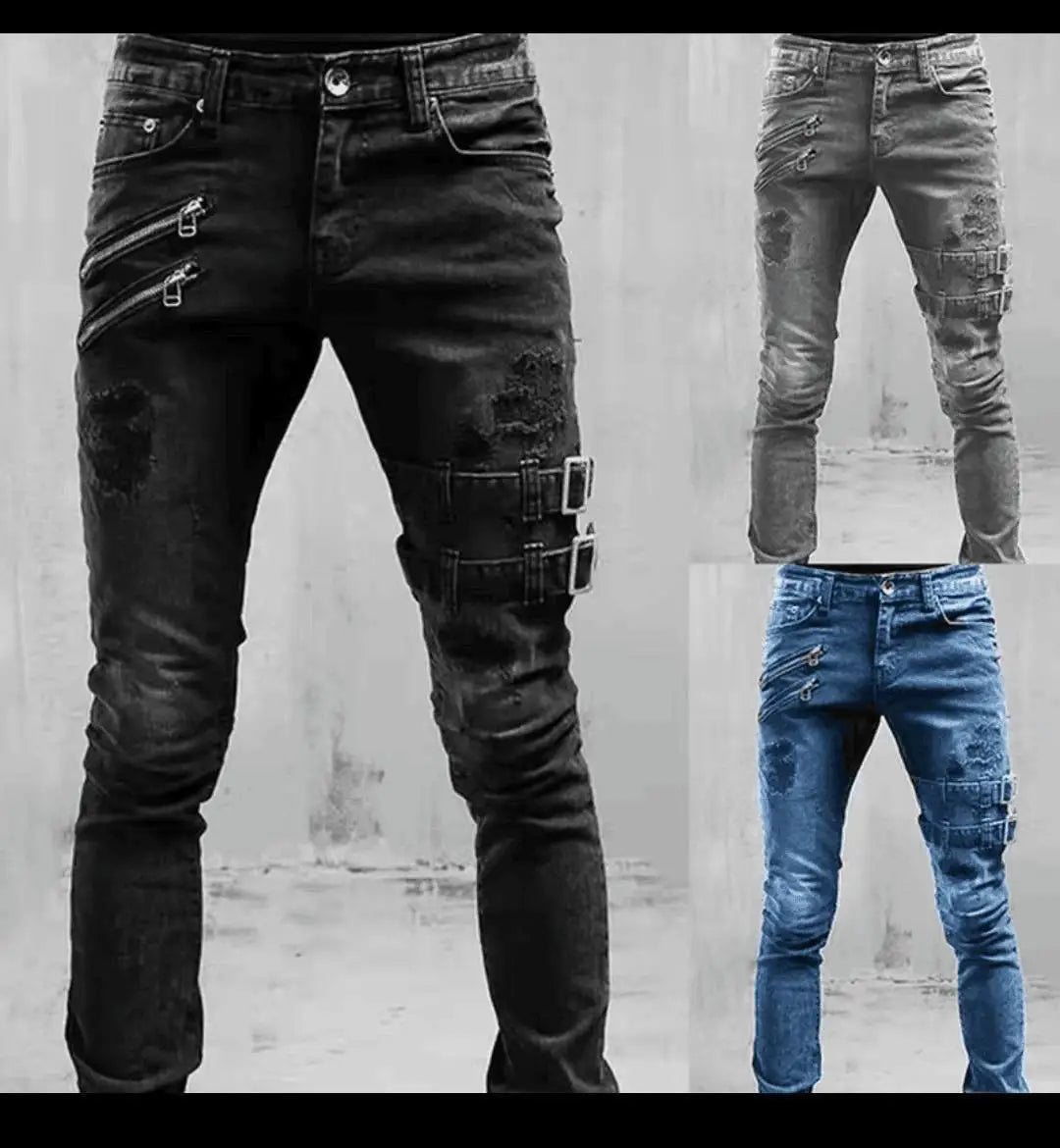 Men Jeans Denim Pencil Pants Mid Waist Moto Biker Washing Pockets Slim Slight Strech Sheath Ankle Length Zipper Fly 2024