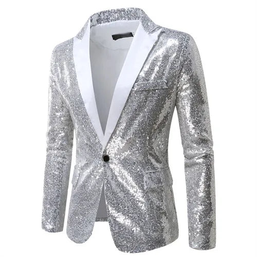 Shiny Sequin Men's Suit Jacket, Stage Performance Coat, White Silver Blue Red Purple Blazers V-neck Single Button S M L XL XXL