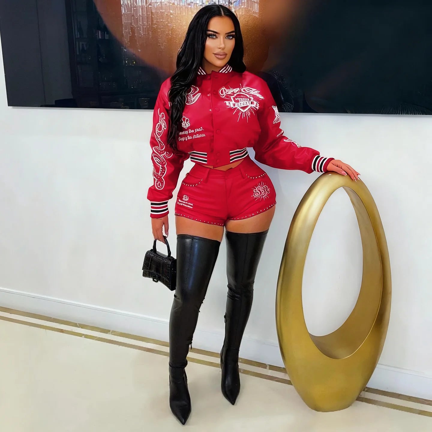 Leather Baseball Embroidery Jacket 2 Piece Pant Set Outfits Y2K Streetwear Women Winter Sexy PU Jackets Coat Two Piece Pant Sets