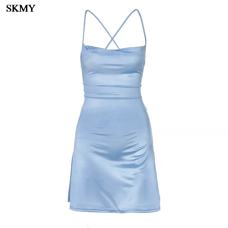 SKMY 2025 Summer New Sexy Spaghetti Strap Open Back Solid Bodycon Dress High-End Club Party Women's Versatile Outfit