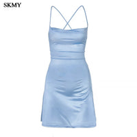 SKMY 2025 Summer New Sexy Spaghetti Strap Open Back Solid Bodycon Dress High-End Club Party Women's Versatile Outfit