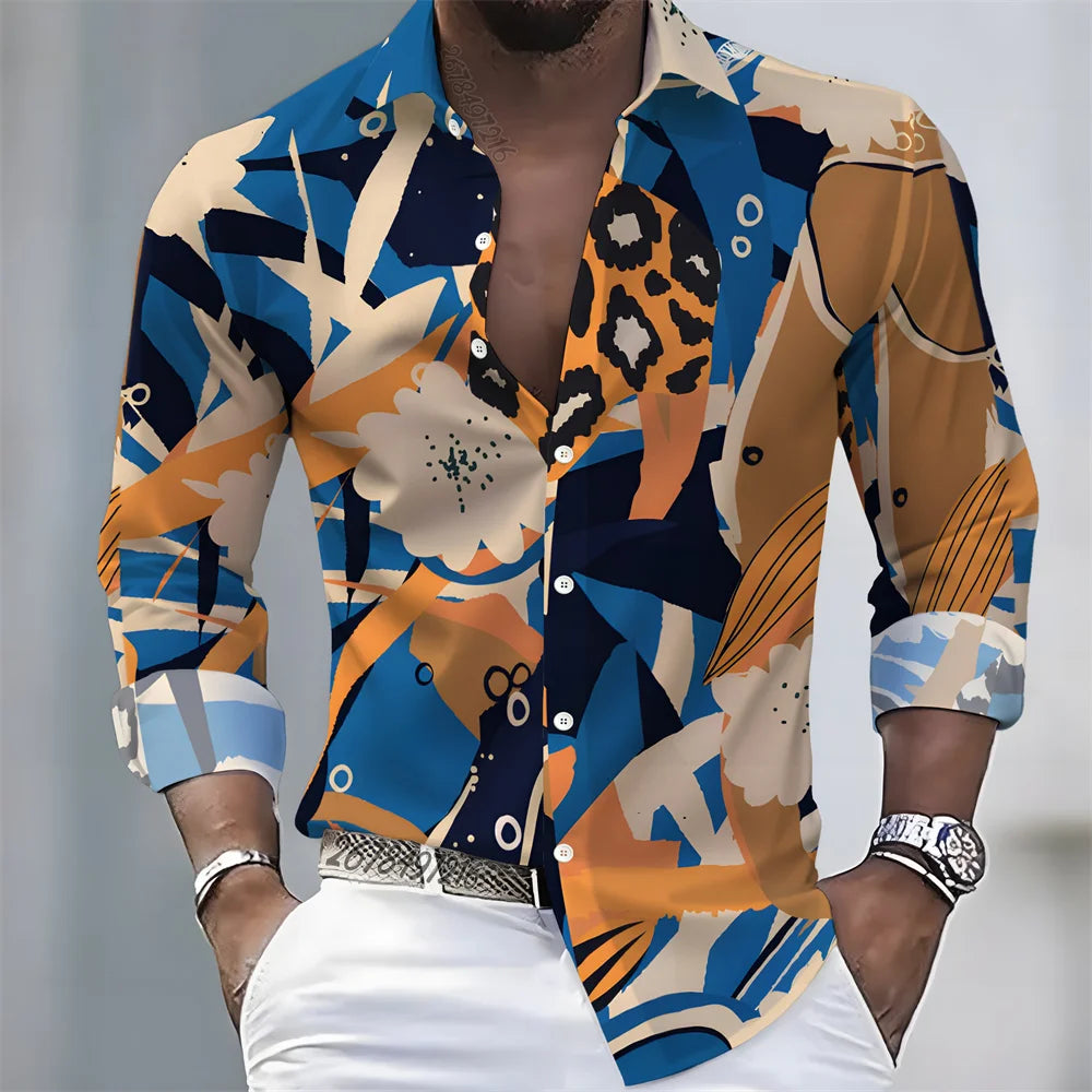 Men's Retro Color-Blocked Floral Print Long-Sleeve Shirt with Paisley Pattern Design, Casual Top for Spring and Autumn