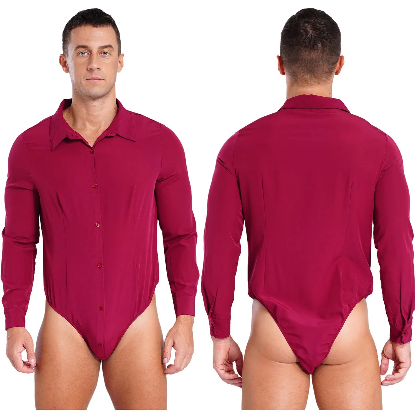 Mens Button Down Easy Care Work Bodysuit Shirt Swimsuit Solid Color One-Piece Jumpsuit Turn-down Collar Long Sleeve Body Tops