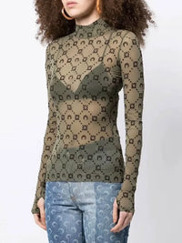 Spring Fashion and Sexy Perspective Women's Pullover Mesh T-Shirt New Semi High Neck Long Sleeved Slim Fit Elastic Women T-Shirt