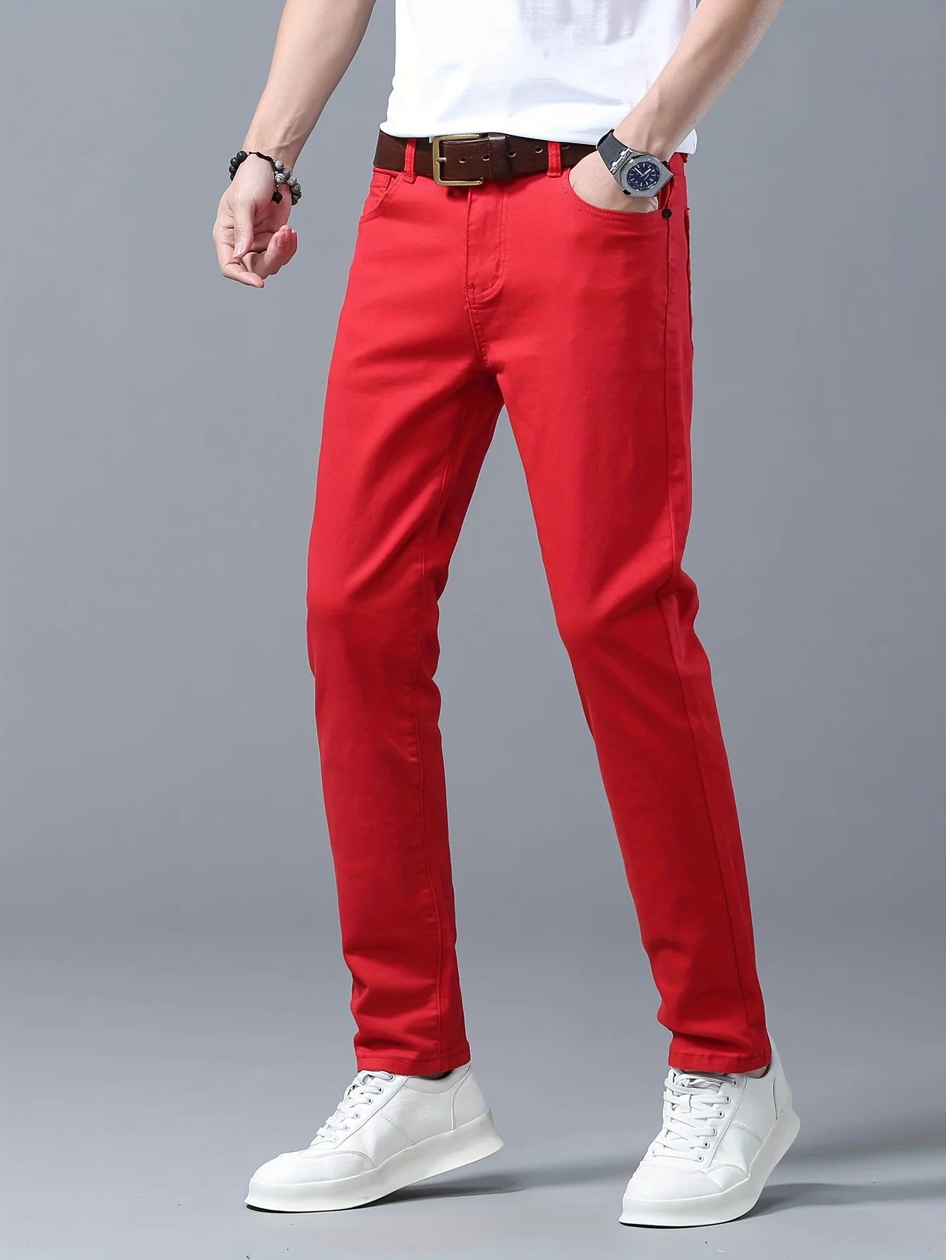 Men's Classic Red Jeans - Opaque Stretch Denim Pants, Machine Wash Suitable for Year-Round Wear - Adult Men's Clothing