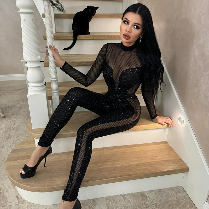 Mesh Patchwork Jumpsuits For Women Fashion Sexy Club Sequined Long Sleeves O-Neck Slim Fit See Through Romper Female Streetwear
