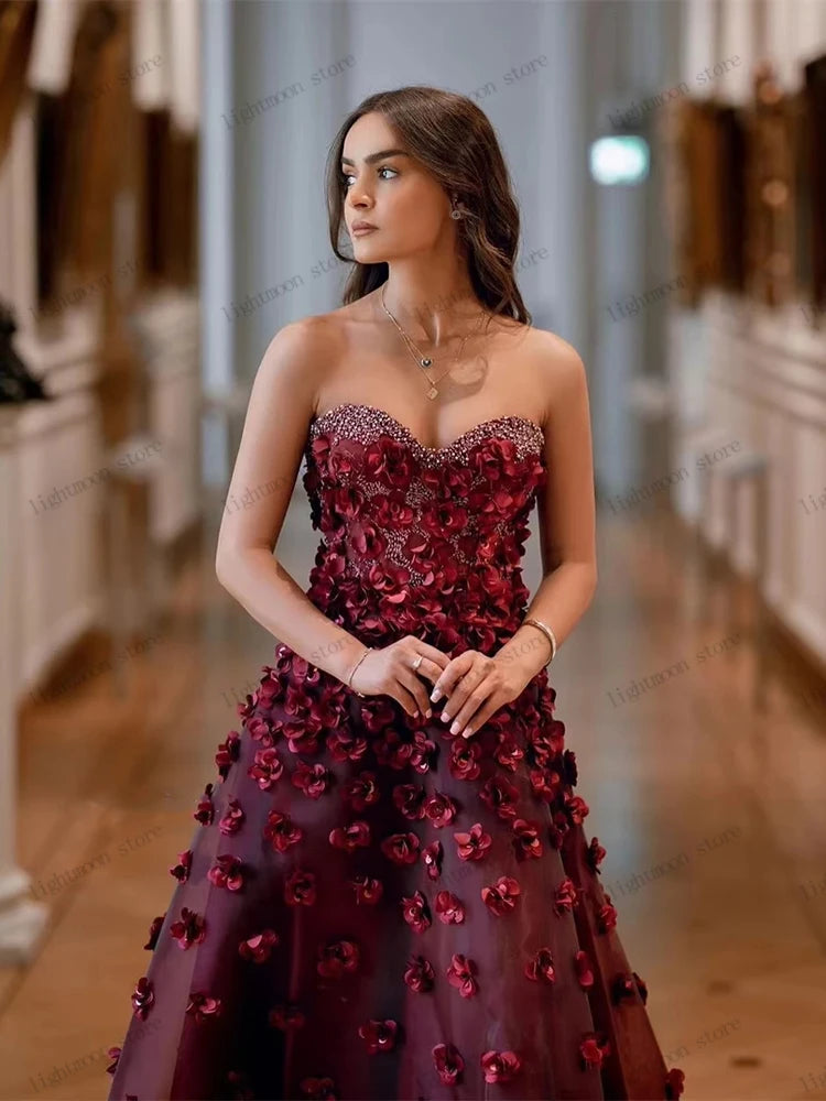 Gorgeous Evening Dresses A Line Organza Prom Dress 3D Appliques Strapless Backless Robes For Women Vestidos De Gala Customized