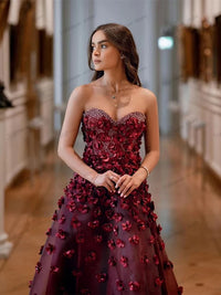 Gorgeous Evening Dresses A Line Organza Prom Dress 3D Appliques Strapless Backless Robes For Women Vestidos De Gala Customized