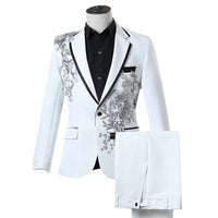 New Men Luxury Decal Suits Black / Red / Blue / White Fashion Singer Host Stage Performance Splicing Flower Blazers and Pants